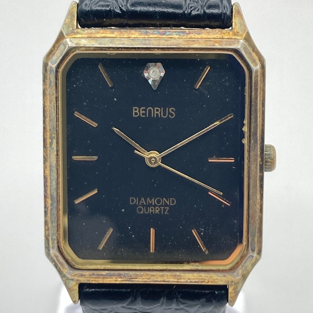 Vtg Benrus Mens Tank Watch 26mm Gold Tone Diamond Leather Band New Battery 8.25"